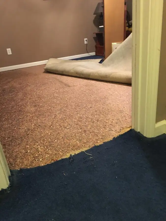 Carpet pad removal revealing water damage during Water Mitigation Services in North Lauderdale